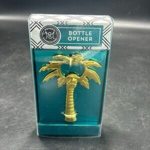 Modern Expressions Palm Tree Bottle Opener Gold Tone Teal Box Bar Decor Figure